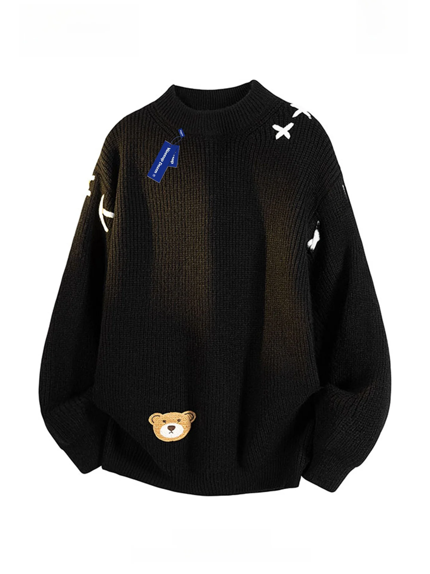 

Wassup Dozen American Sle Cartoon Bear Embroidered Knitwear Men's Loose Fit round Ne f High Ne Sweater Casual Wear