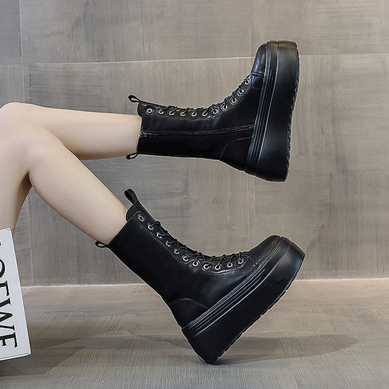 Women\'s Mid-Calf Boots 2025 Autumn Winter Genuine Leather Platform Boots Women Shoes Thick Sole Ladies Warm Plush Winter Boot