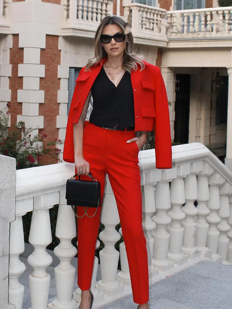 

HH Autumn Women Fashion Single Breasted Turn Down Collar Red Coats+Female Chic Casual Office Lady Slim Pants 2 Piece Suit
