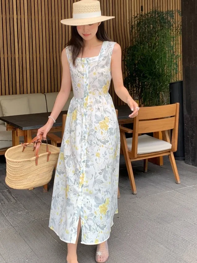 Retro Dongda Gate Lazy Square Collar Design Floral Vaion Sle Weste Dr Single Button Svel Dr Damen