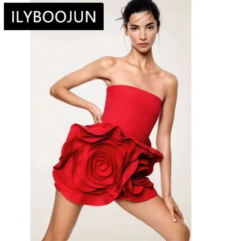 

New 2024 Women Sexy Strapless Crystal Flower Bodycon Bandage Dress Celebrity Elegant Birthday Mini Evening Party Dress