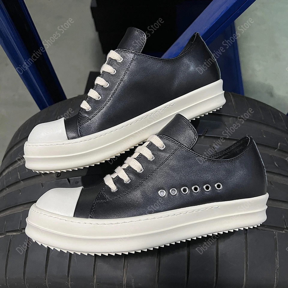 Ro Men Shoes Black Leather Low Top Casual Shoes Lace Up Women Sneakers Classic Design Thick Sole RO New Metal Hole Shoes