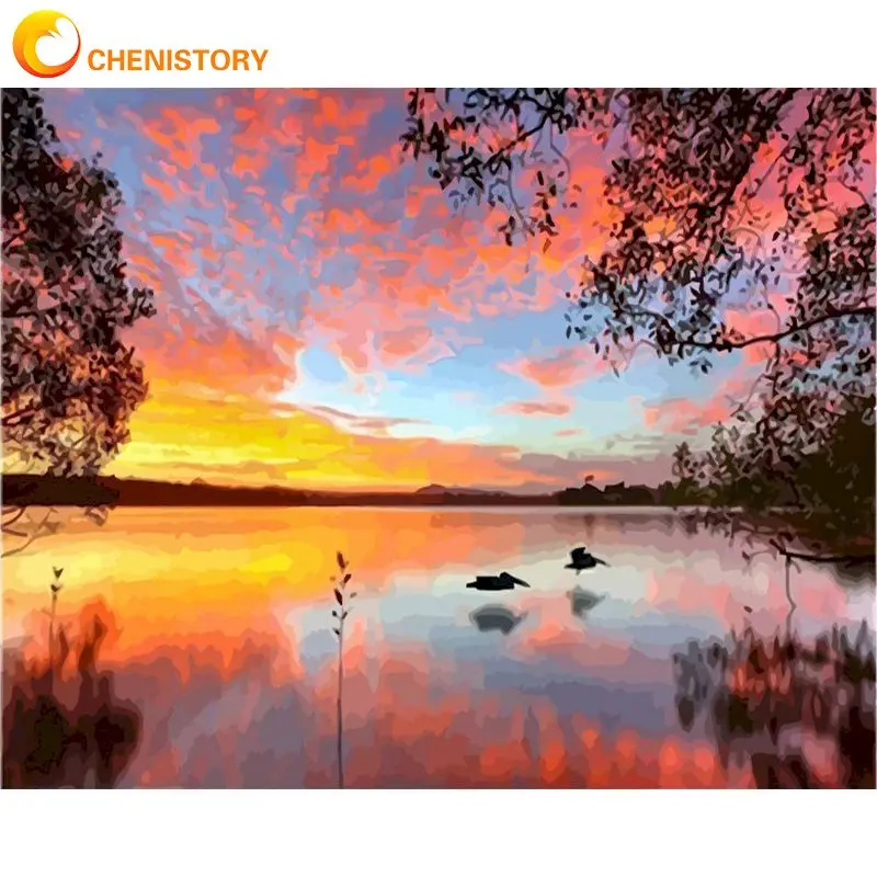 

CHENISTORY Acrylic Paint By Numbers Diy Gifts Sunset On Lake Picture Drawing Adults Crafts Wall Decor Scenery On Canvas Handmade