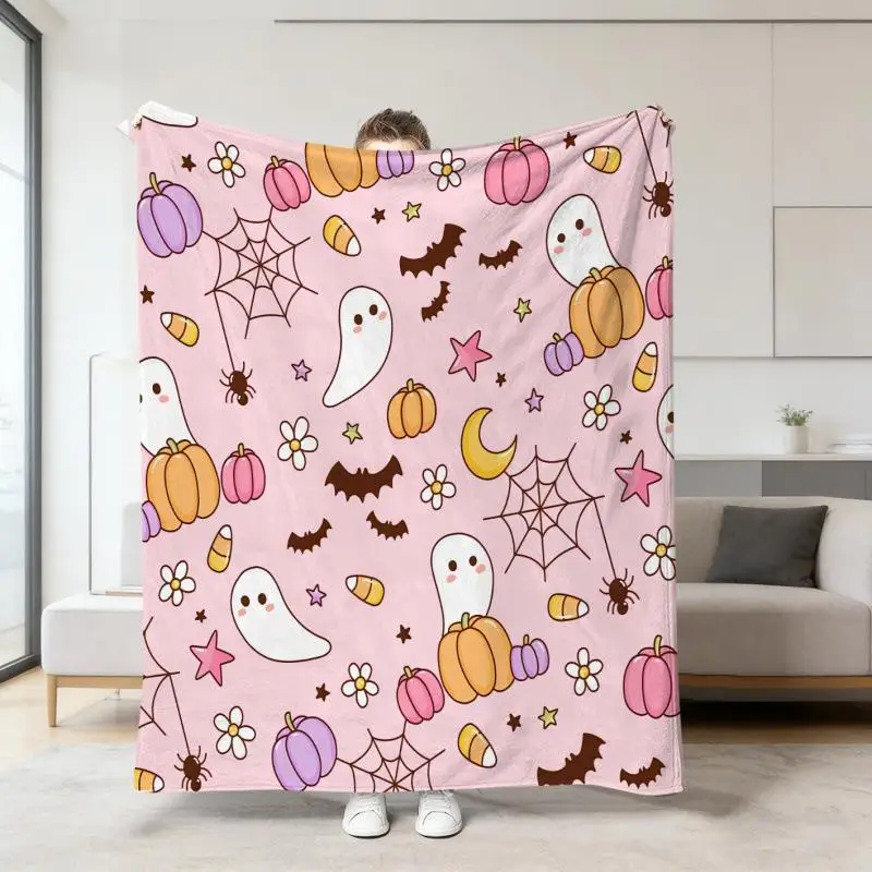 Halloween Warme Weiche Decke mit Geister-, Kürbis- und Totenkopf-Druck, Flanell-Schlafdecken, Multifunktionale Dekorative Decken – Detail 28