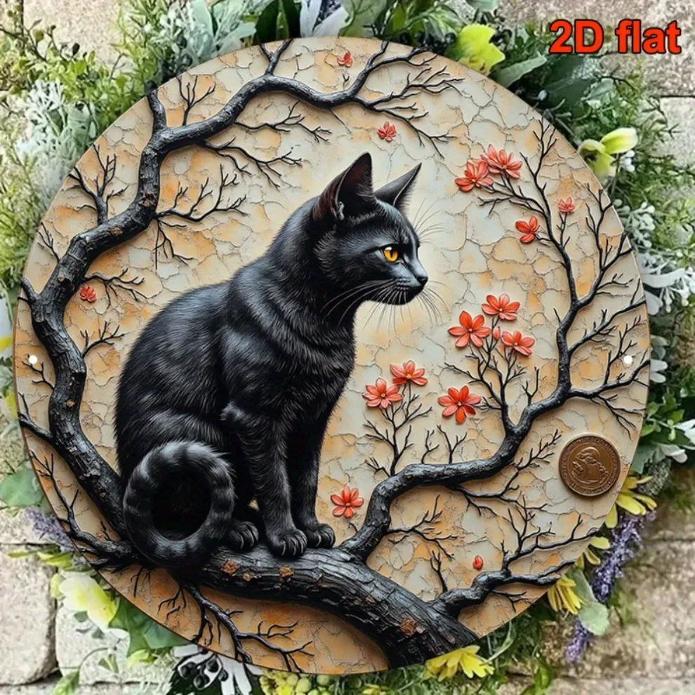 لوحة فنية جدارية معدنية على شكل زهر الكرز العتيق - علامة حديدية مستديرة مقاس 8 بوصات باللون الأسود والأحمر ديكور داخلي وخارجي لمقهى اليوغا والألومنيوم المتين #6