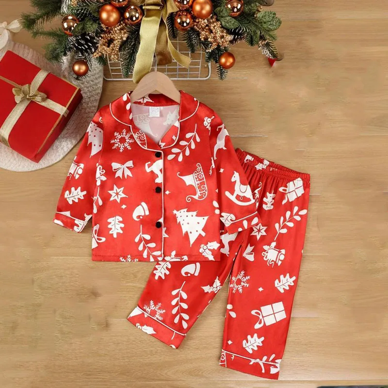 

Детский рождественский атласный пижамный комплект, детский топ с лацканами и длинными рукавами с принтом Санта-Снежинок + штаны, одежда для сна для маленьких мальчиков и девочек, домашняя одежда