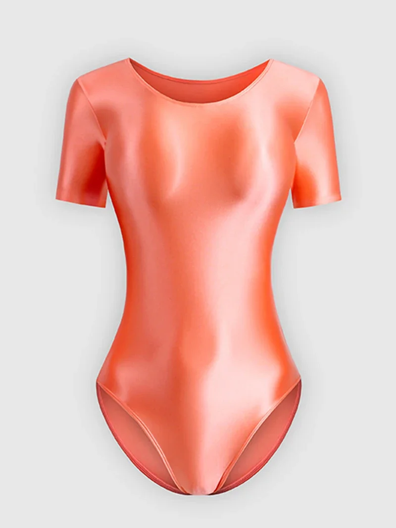 Body ajustado de manga corta para mujer, traje de baño brillante de corte alto para práctica de Yoga, leotardo de gimnasia rítmica, Ropa de baile