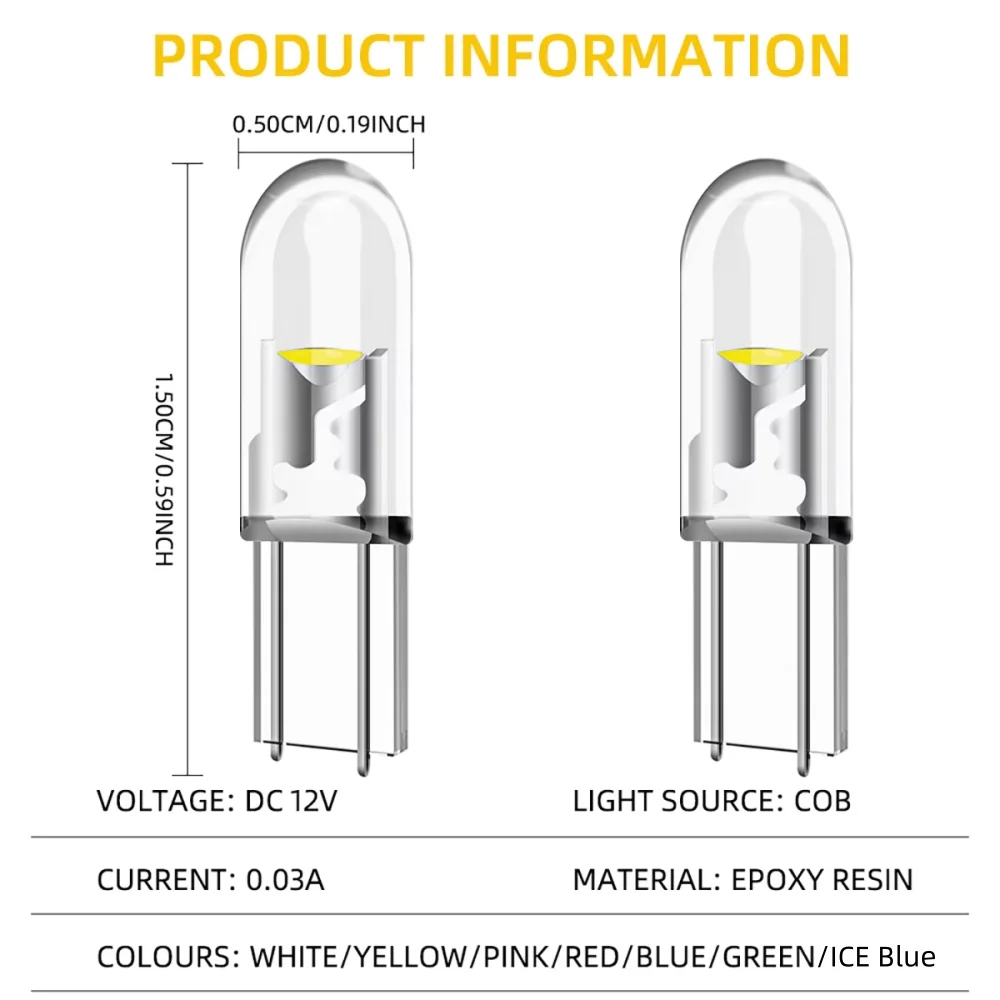10/20/40PCS T5 W3W COB LED Car Instrument Light, 12V Canbus Error Free Dashboard Warming Indicator Wedge Gauge Bulbs