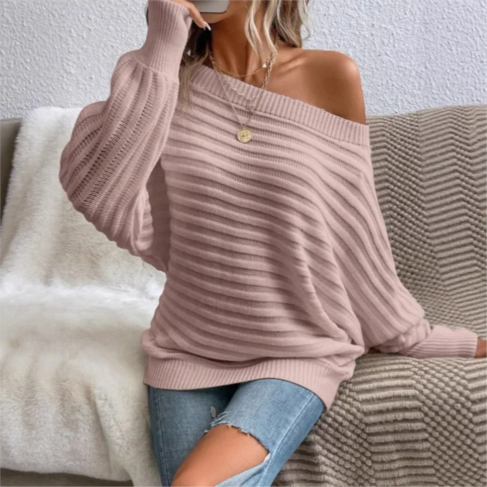 

Autumn Winter Pullover Sweater Top Solid Color One-shoulder long Sleeve Knitted Sweater Top Fashionable elegant Women Clothing