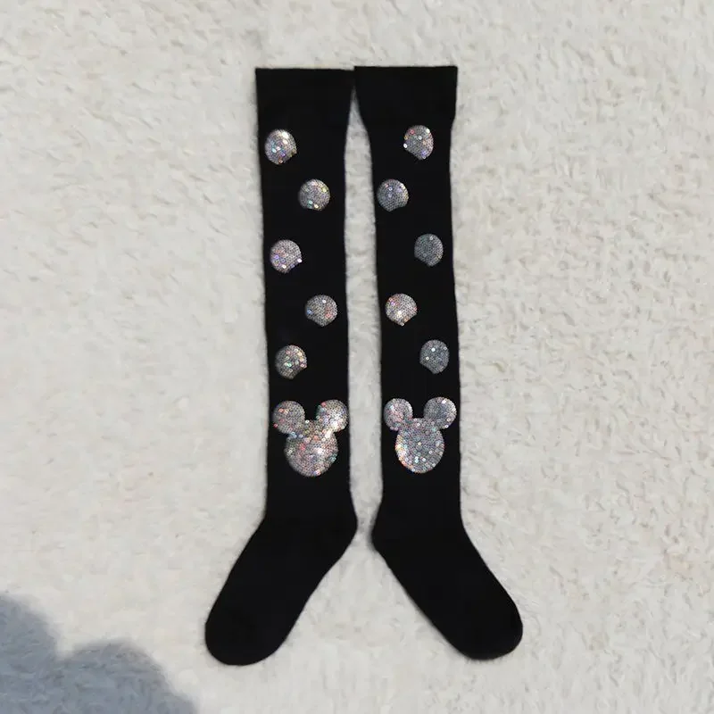 Trendy Women's Black Slim Fit Sexy One-piece Socks Colorful Rhinestone Leggings Cotton Warm Stockings Bright Diamond Stockings 1