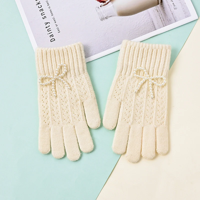 Korean Sweet Pearl Bow Gloves Winter Women's Warm Touch Screen Five-finger Knitted Gloves