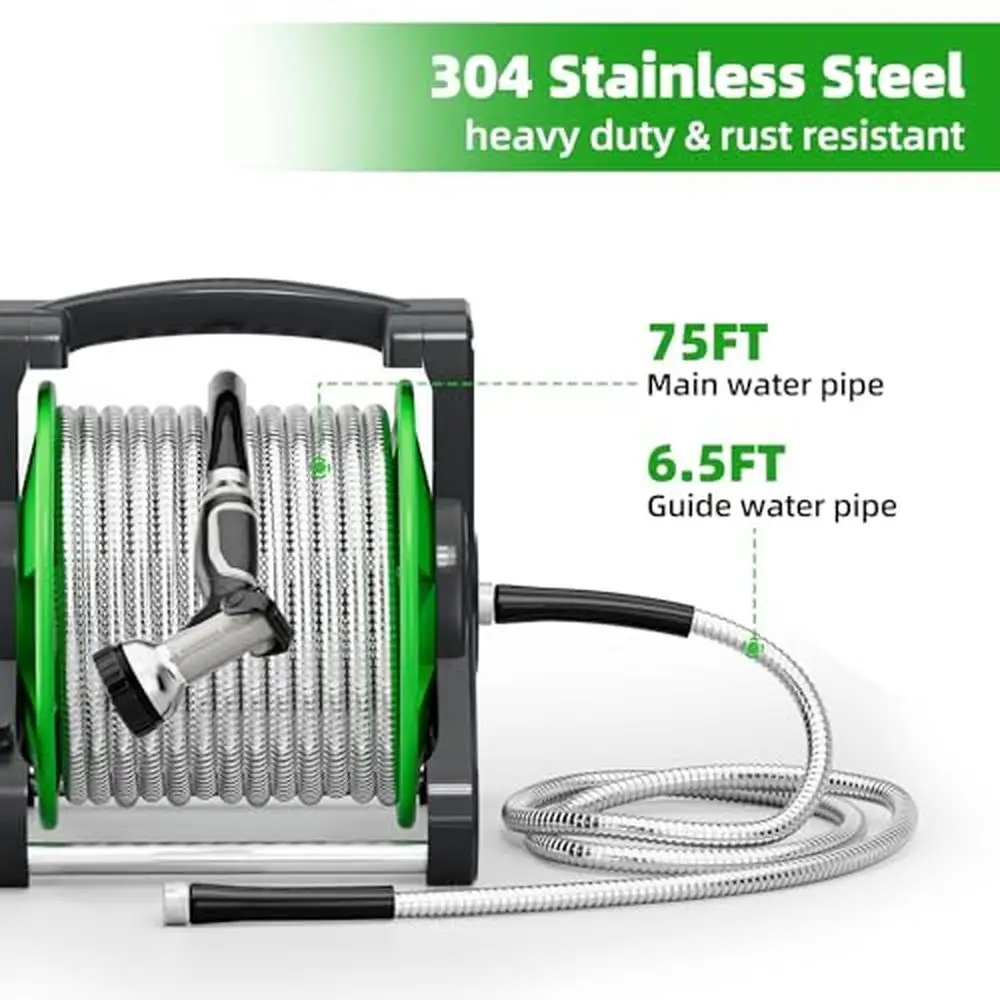 304 Stainless Steel Wall Mount Garden Hose Reel Set 75ft Heavy Duty Water Hose Metal Rack Yard Outside