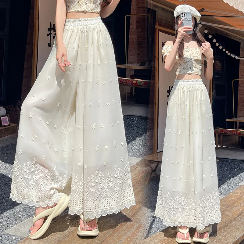 Women Pants Embroidered Capris Hollow Out Ruffle Hem Cotton Linen Elastic Waist Ankle Lenth Wide Leg Pants Loose Fit 2026 Summer