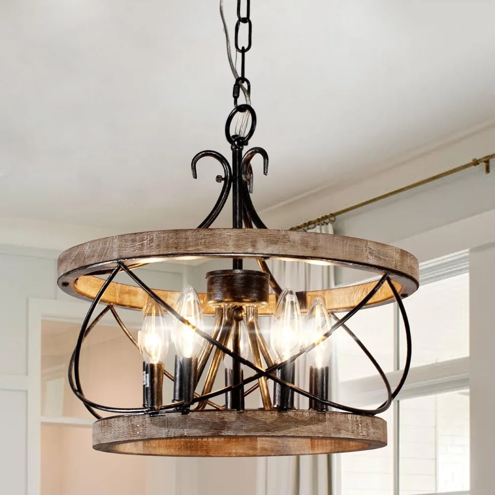 

5-Light Farmhouse Wood Chandelier Light Fixture, 15.7" French Country Rustic Industrial Drum Hanging Pendant Lighting Over Table