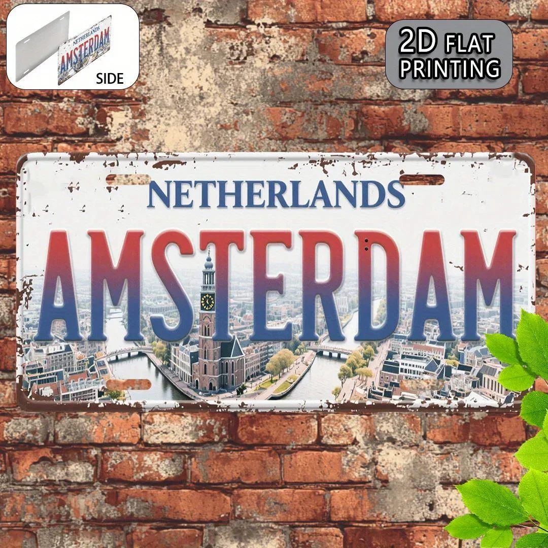 Panneau en métal aluminium à thème « Skyline de la ville d'Amsterdam, Pays-Bas », impression 2D, style plaque d'immatriculation vintage vieilli W