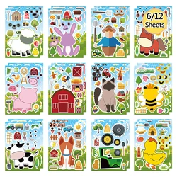 Autocollants de puzzle d'animaux pour enfants, créer votre propre chat, over, vache, assembler des jouets de puzzle, décalcomanies de récompense, faire un visage bricolage, 6 feuilles, 12 feuilles