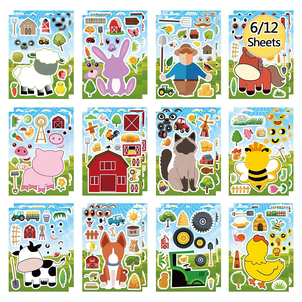 6/12 arkuszy Dzieci tworzą twarz DIY Zwierzęta Puzzle Naklejki Stwórz własny kot Świnia Krowa Dzieci Montaż układanek Zabawki Naklejki z nagrodami