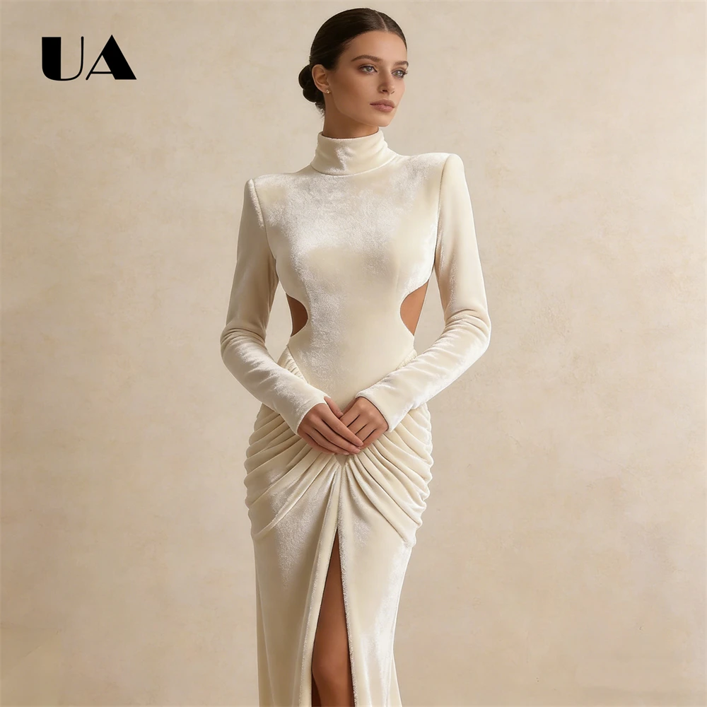 봄 가을 긴 소매 맥시 드레스 하이넥 벨벳 롱 이브닝 드레스 앞트임 부드러운 파티 프롬 가운 맞춤 사이즈