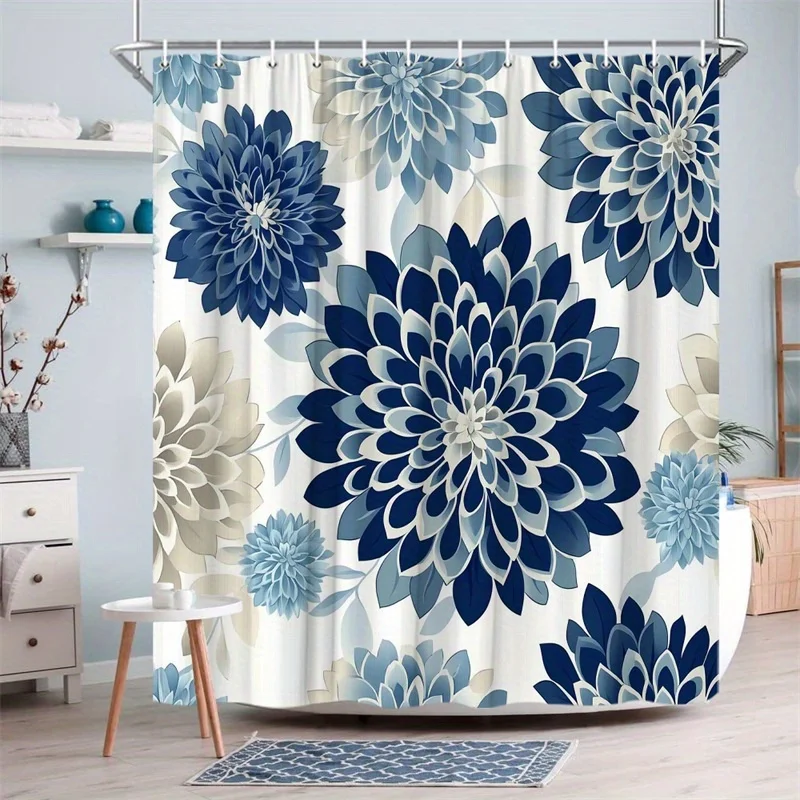 

1pc blue dahlia floral pattern shower curtain, polyester fabric, machine washable, suitable for bathroom decoration