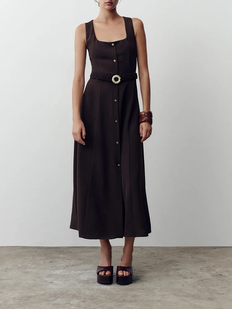 Summer New Arrival Women's Midi Dr with Belt Square Collar Strapl Gown High Waist Long Evening Gown Pure Color Formal Wear