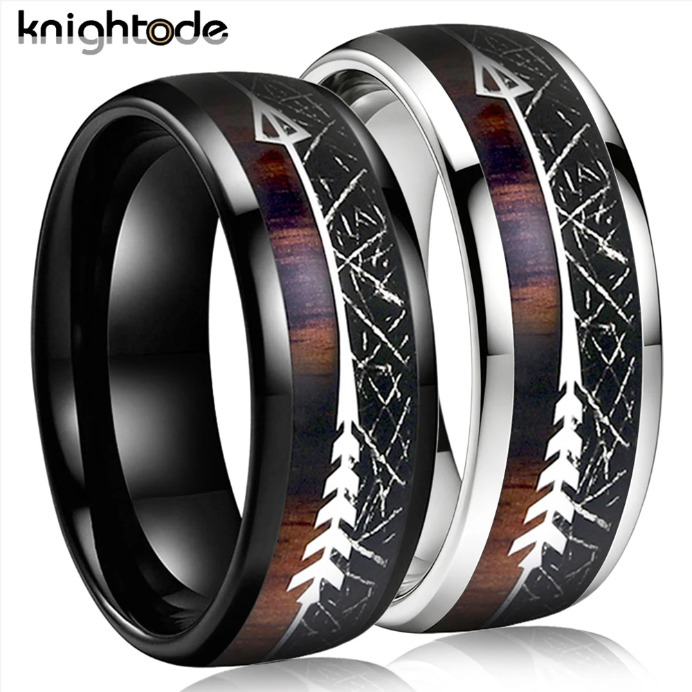 Black Meteorite/Koa Wood Unique Texture Inlay Tungsten Carbide Ring For 8mm Men Women Wedding Slivery Arrow Dome Polished
