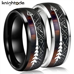 Black Meteorite/Koa Wood Unique Texture Inlay Tungsten Carbide Ring For 8mm Men Women Wedding Slivery Arrow Dome Polished
