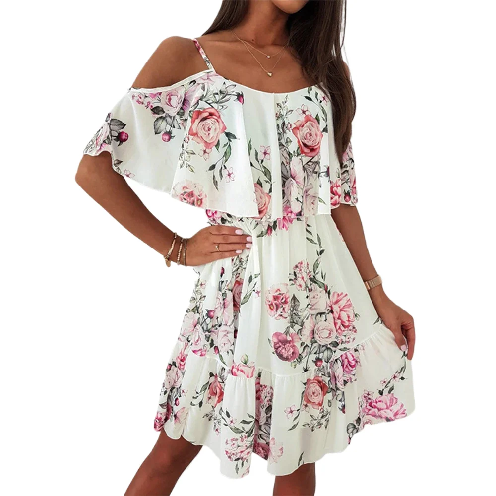 

Chiffon Floral Dress for Women 2024 Summer Solid Vacation Pullover Beach Sundress Female Korean Fashion Slim Sexy Short Dresse