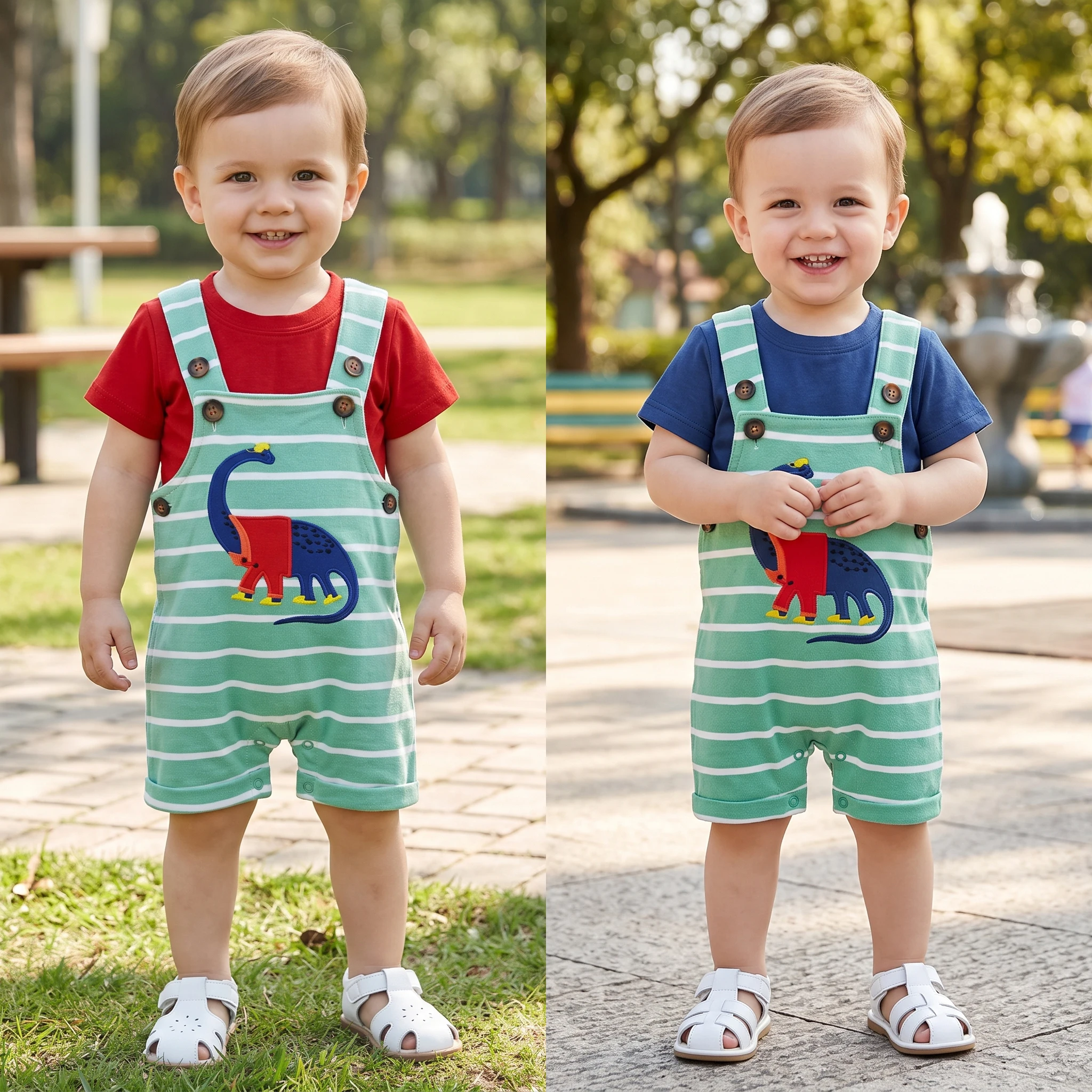 Baby Boys 2Pcs Outfits Cotton Short Sleeve T‑Shirt + Striped Dinosaur Embroidery Overalls Infant Summer Casual Sets 9M‑3T
