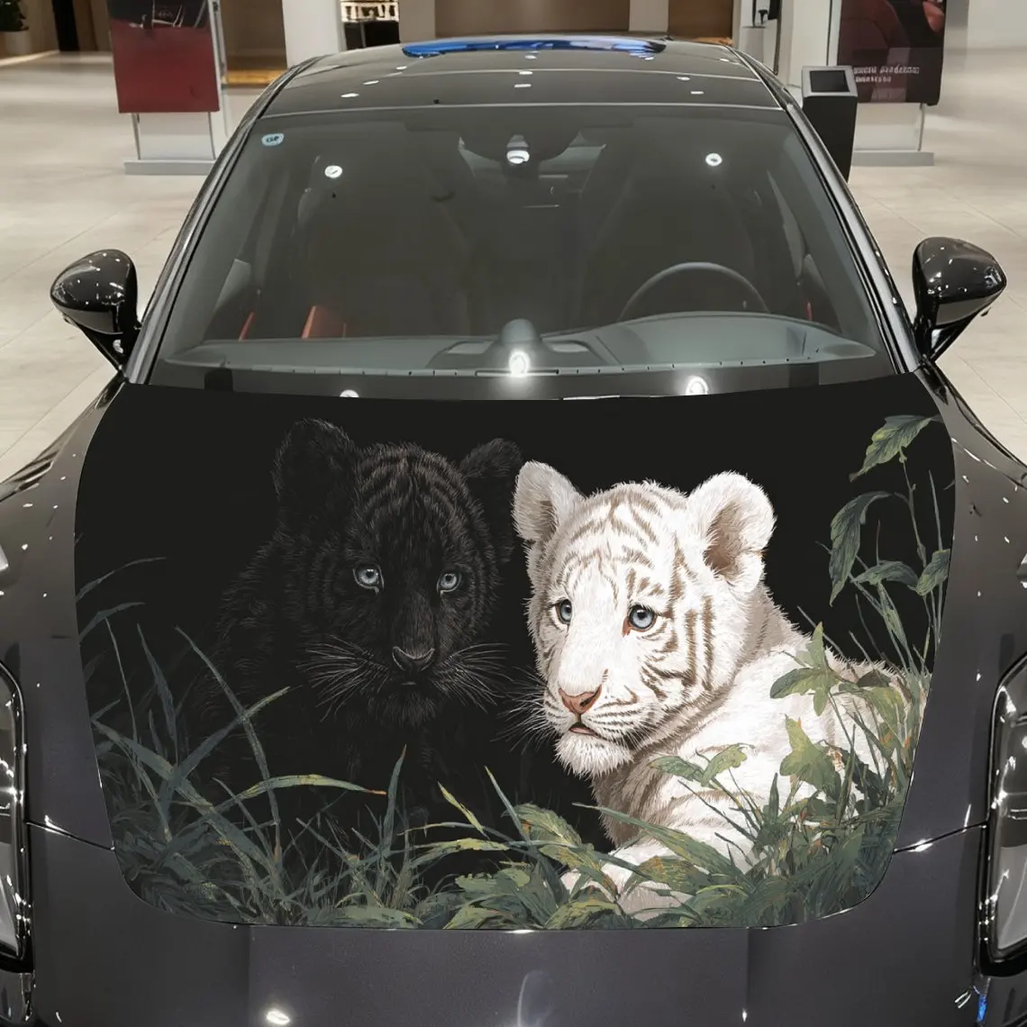 Car Decal Tigers (Black & White) with Green Foliage Artistic Background & Ferocious-Harmonious Aesthetic Car Hood Sticker, Water