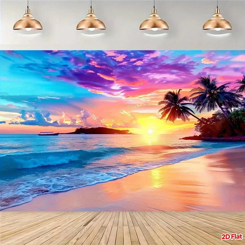 Romantic Coastal Sunset Sky with Pink Clouds and Palm Trees Wall Mural 2D HD Print Zen Aesthetic Landscape Art Nature Theme