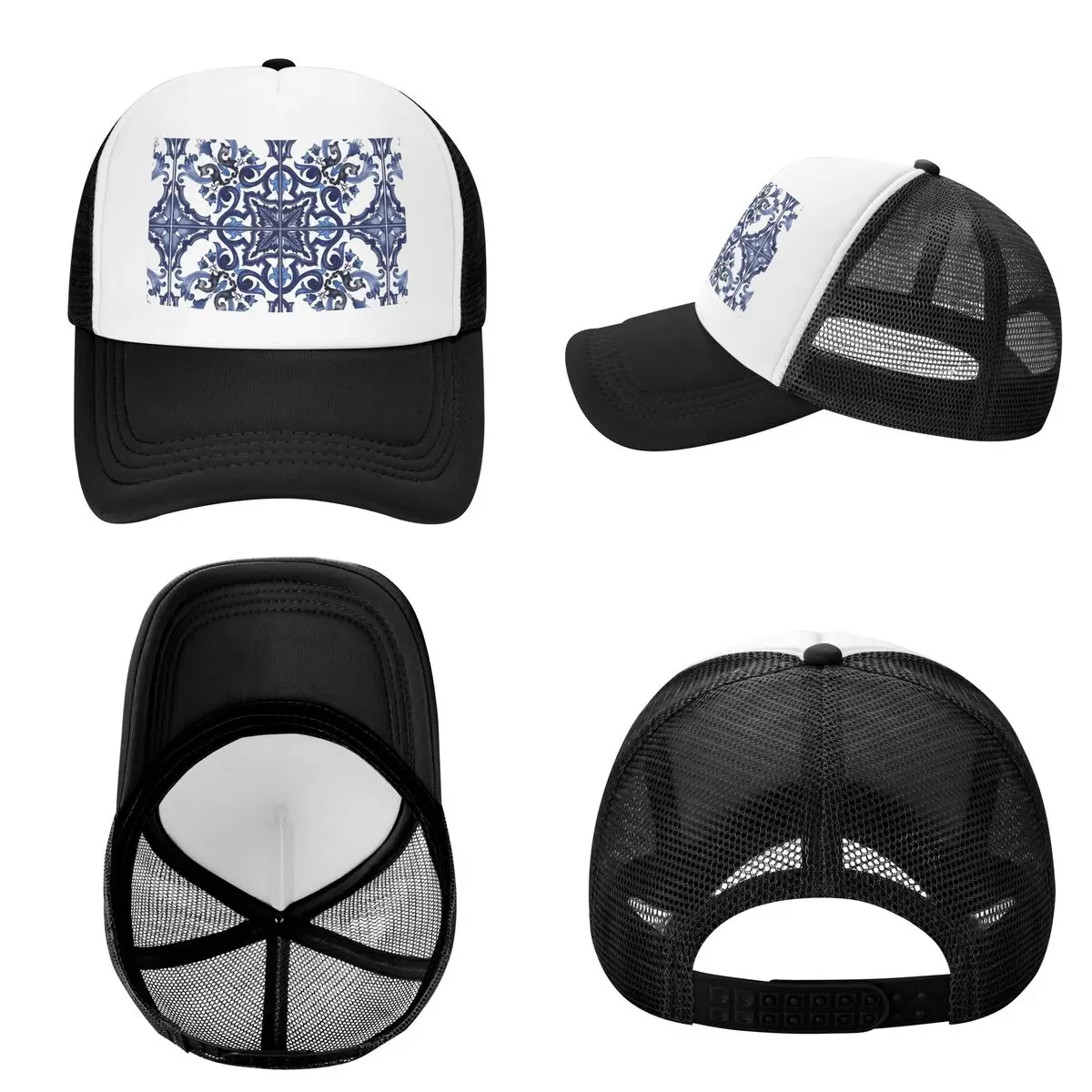 Blue Ornate Floral Mediterranean Sicilian Tile Cap Fashion Mesh Baseball Caps Adjustable Hat Hip Hop Summer Unisex Baseball Hats