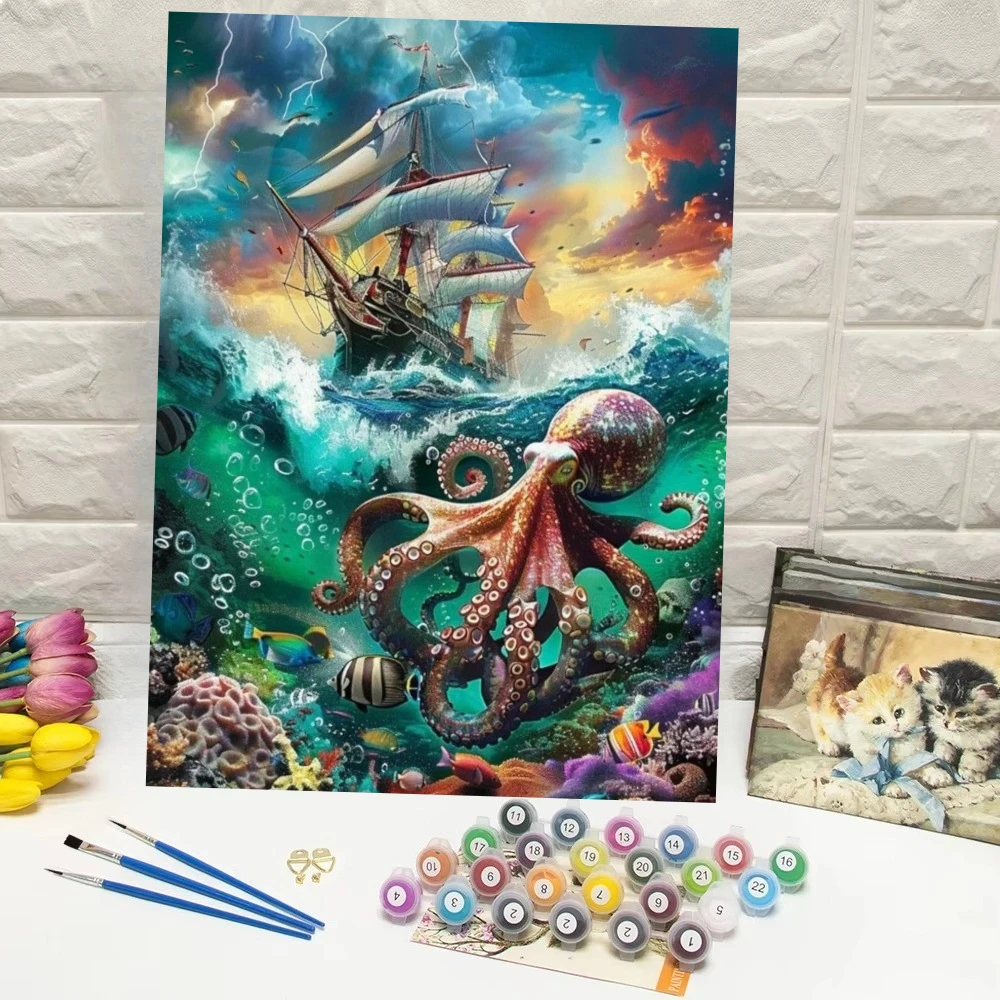 Underwater Reef Giant Octopus Pirate Ship Oil Painting By Numbers for Relaxing Hobby Bedroom Wall Decor