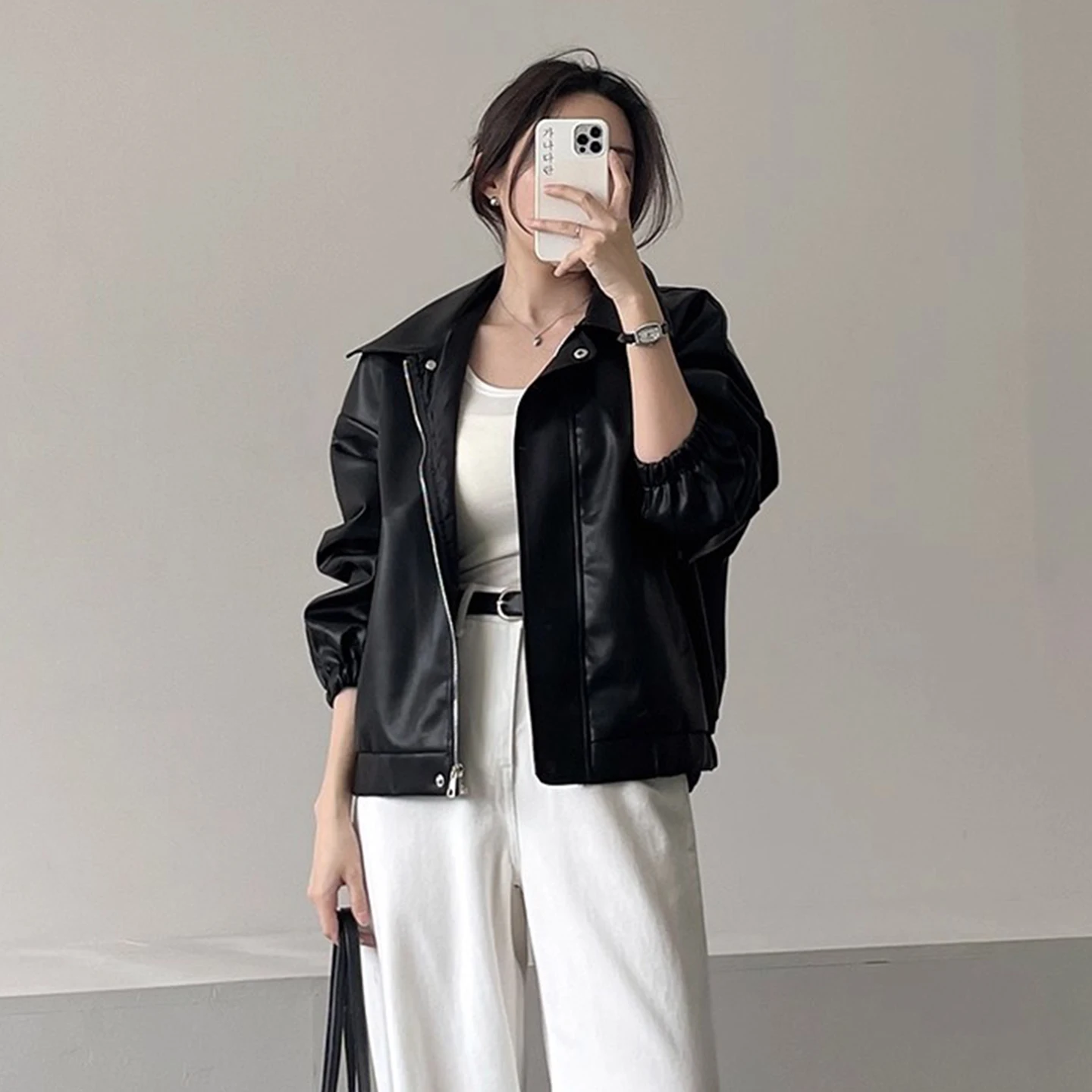 Ropa Retro de gama alta de cuero PU con cremallera para motocicleta, abrigo superior holgado para mujer, novedad de otoño