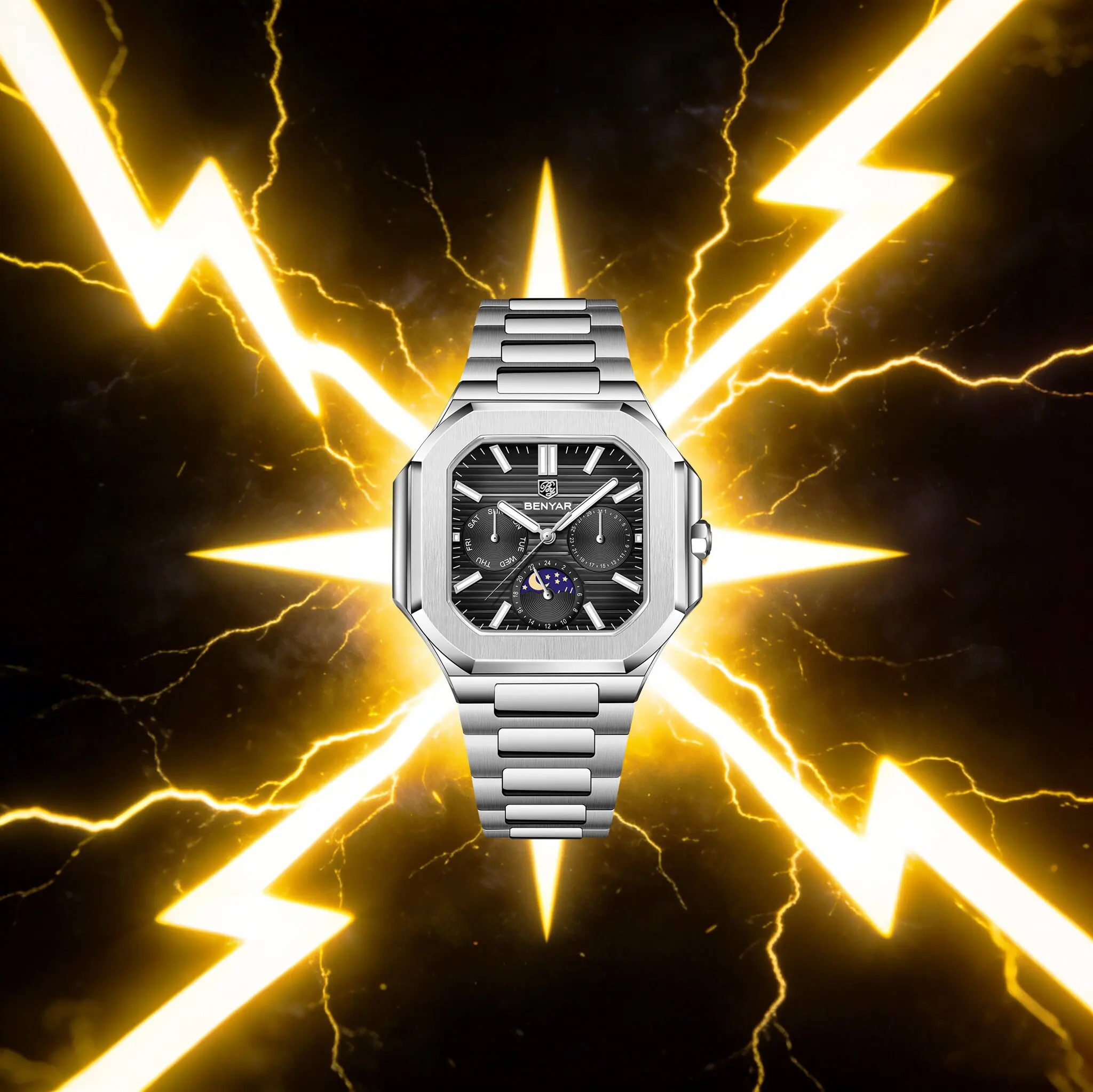 

Мужские кварцевые часы BENYAR: минималистичная элегантность, легкая роскошь, нержавеющая сталь, Hardlex, отображение дня недели, календарь, светящиеся стрелки, фазы Луны