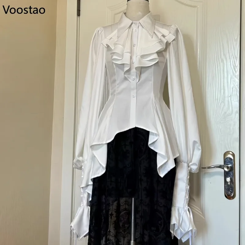 Gothic Y2k Lolita Style Shirts Japanese Women Vintage Cute Ruffles Collar Long Sleeves Blouse Female Victorian Elegant Slim Tops