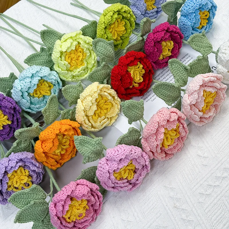 

1pc Peony Crochet Flowers Handmade Pink Red Purple Knitted Finished Artifical Flowers Home Decoration Gifts for Birthday Wedding