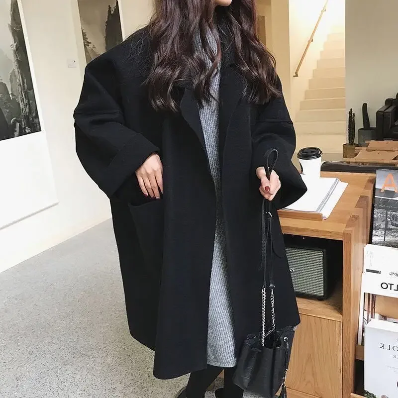 Elegant Woolen Trench Coat Winter for Women Vintage Windbreakers Jacket Mid-Length Loose Turn-Down Collar Plus Size 4XL Cardigan