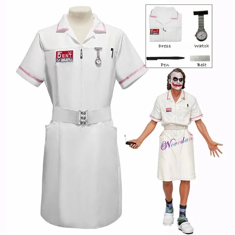 2025 New Horror Scary Movie Arkham Dark Knight Clown Joker Nurse Uniform Dress  Watch Accessories Nurses Costume Party Outfit AA