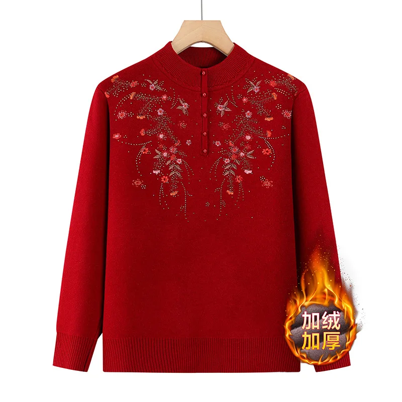 New Autumn Winter Women Knitted Sweater Pullover Half-high Collar Embroidered Long Sleeve Velvet Sweater Knit Tops Female Jumper