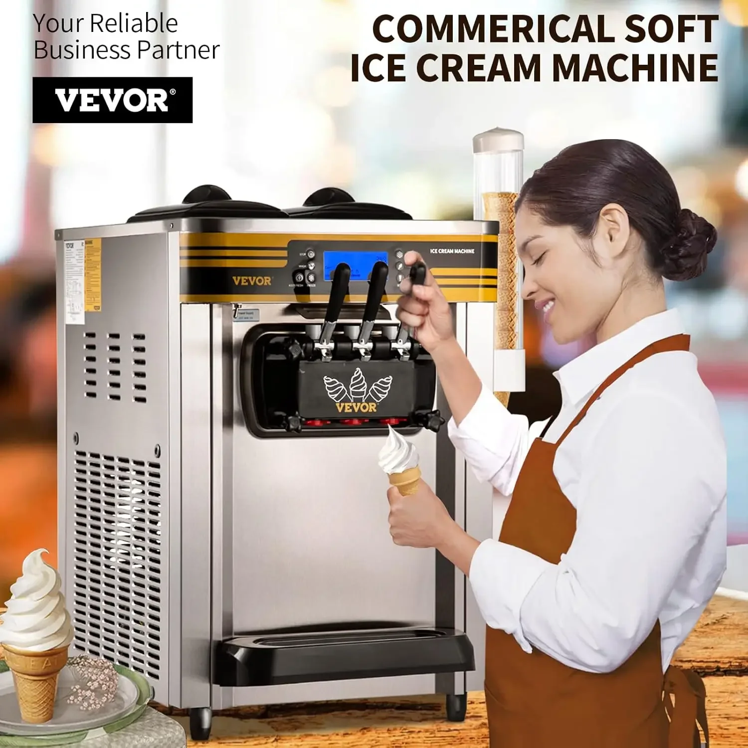 Commercial Ice Cream Maker, 22-30L/H Yield, Countertop Soft Serve Machine with 2x6L Hopper 2L Cylinder LCD Panel Puffing