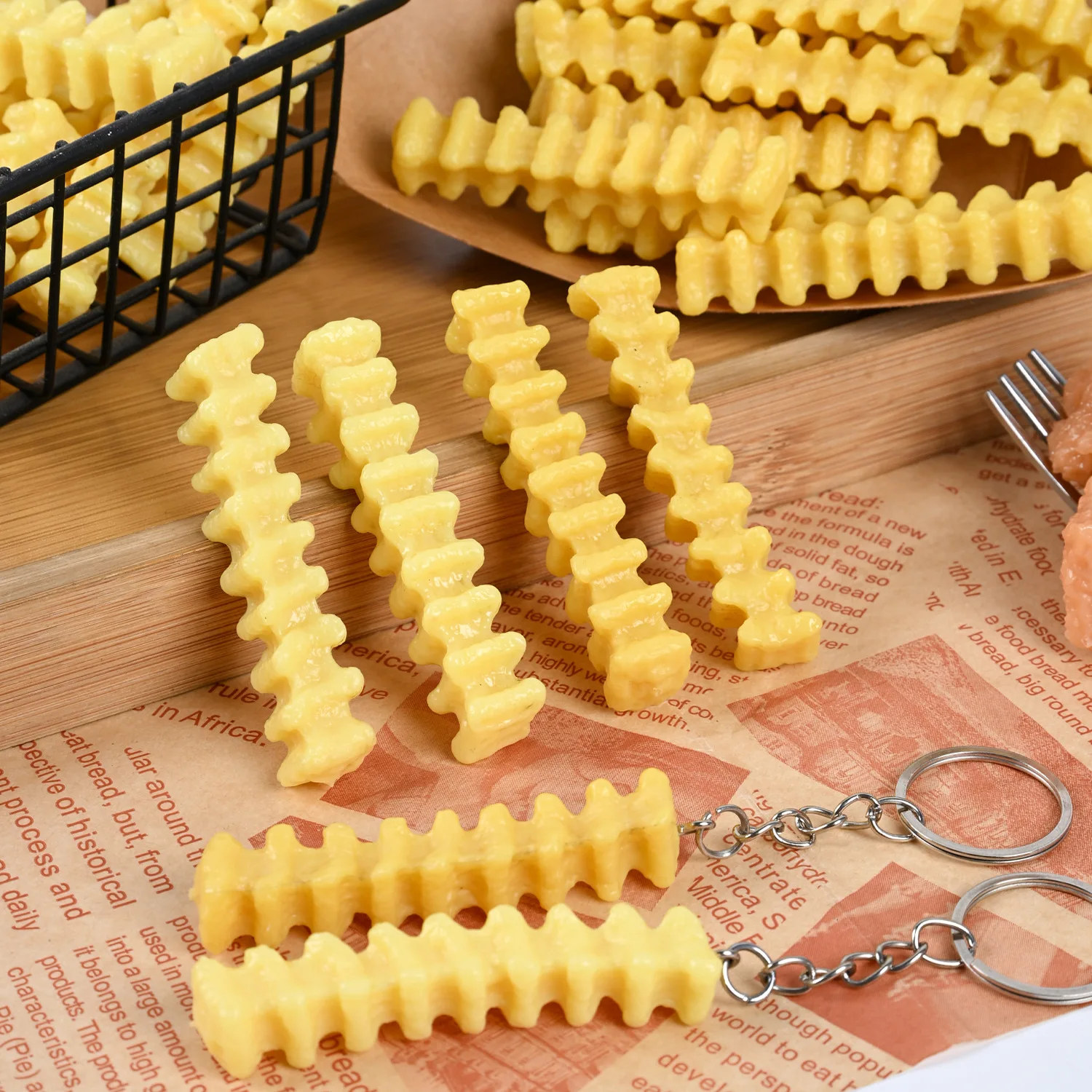 3pcs Realistic French Fries Crinkle Cut Fries Wavy Potato Chips Food Model Keychain Desktop Decoration Ornament DIY Accessory