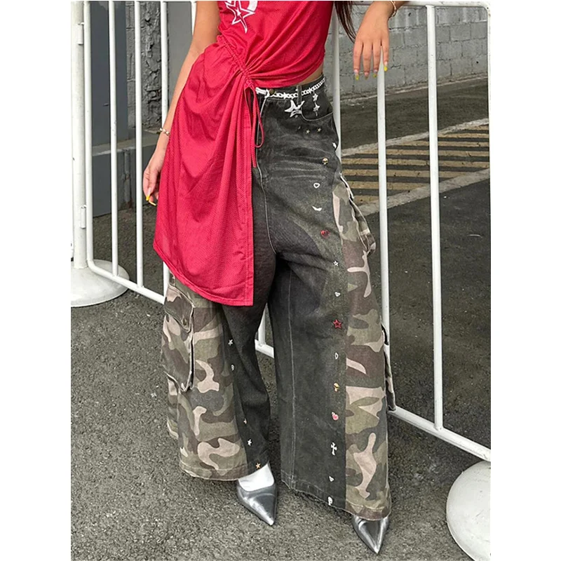 2025 Chain printing Jeans Women Vintage High Waisted Straight Denim Trouser Y2K American Streetwear Wide Leg Classic Denim Pants