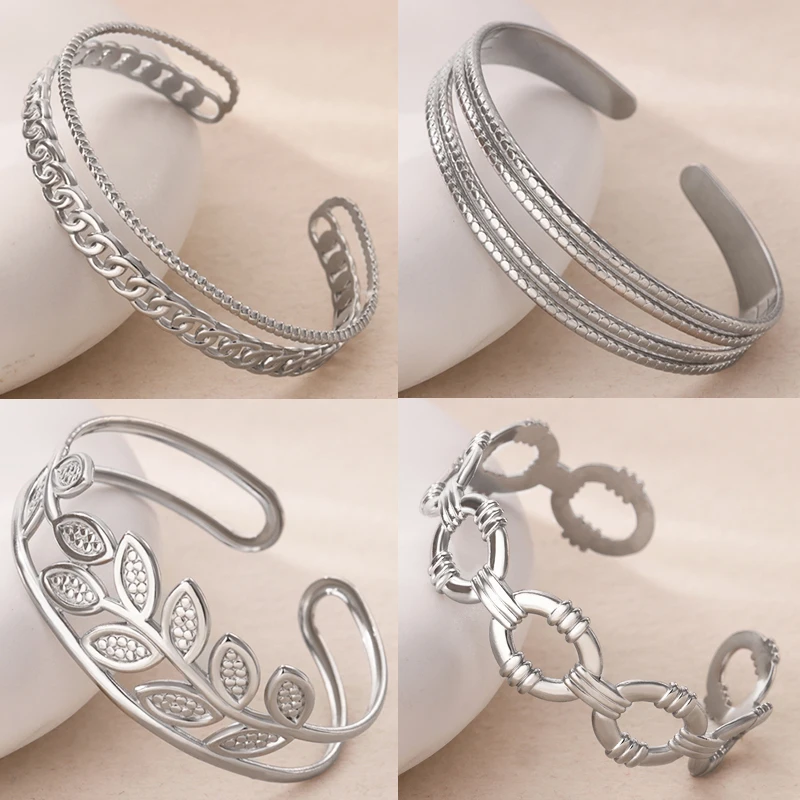 

Stainless Steel Layered Bangle for Women Silvery Color Olive Leaf Cuban Chain Cuff Bracelet Bangles Fashion Jewelry Gifts