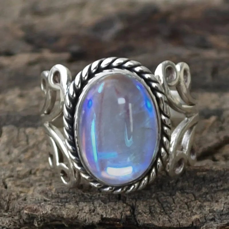 Huitan Boho Style Women Rings with Oval Imitation Opal Stone Hollow Out Band Ethnic Female Accessory Unique Jewelry for Vocation