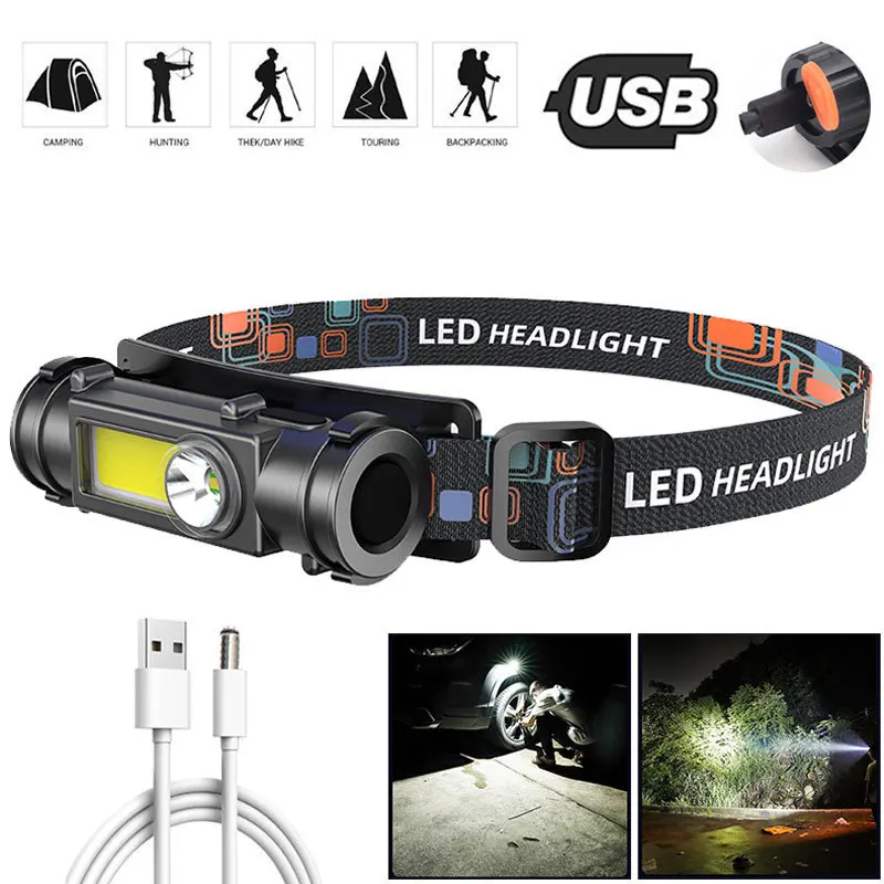 Strong Light Headlamp 18650 Rechargeable 2 Modes Headlight Outdoor Camping Flashlight Car Inspect Light with Magnet Work Lights