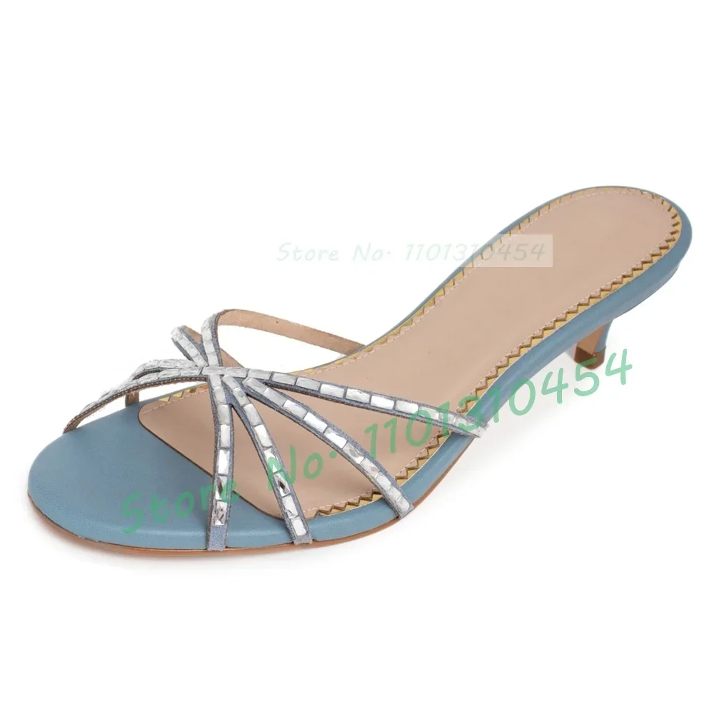 Crystal Cross Strap Med Heel Slippers Women Concise Bling Crocodile Metallic Opene Toe Slippers Ladies Summer Shallow Shoes