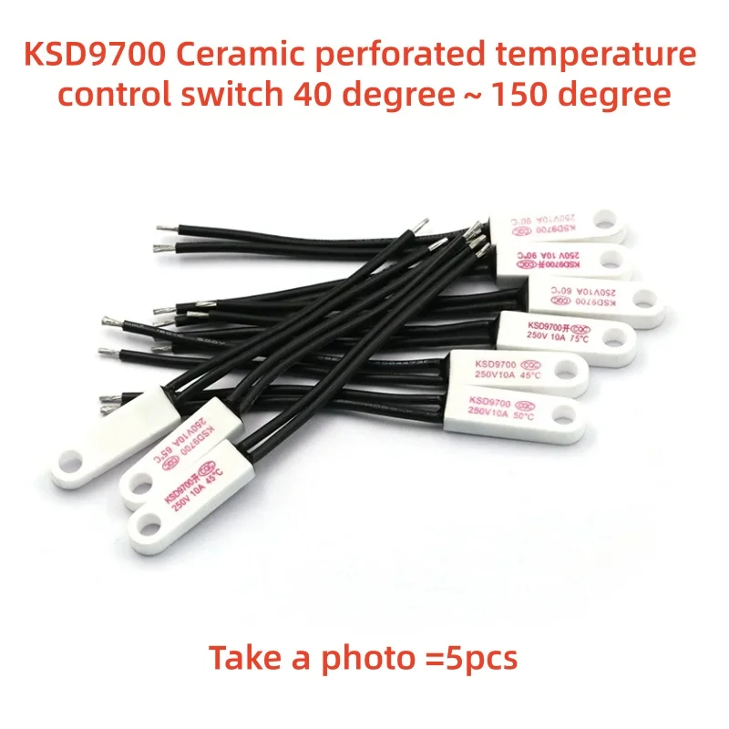 5pcs KSD9700 Ceramic With Holes Temperature Control Switch 40 Degrees～ 150 Degrees Normally Open Normally Closed 10A 250V