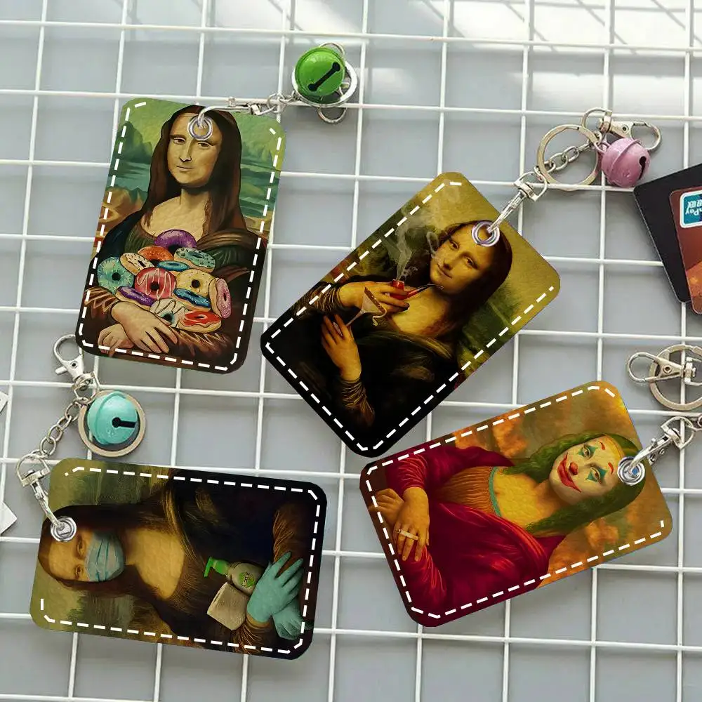 Mona Lisa Funny Photo Famous Card Case Keychain Access Card Bag Key Tag Ring Leather Card Holder Key Ring Access