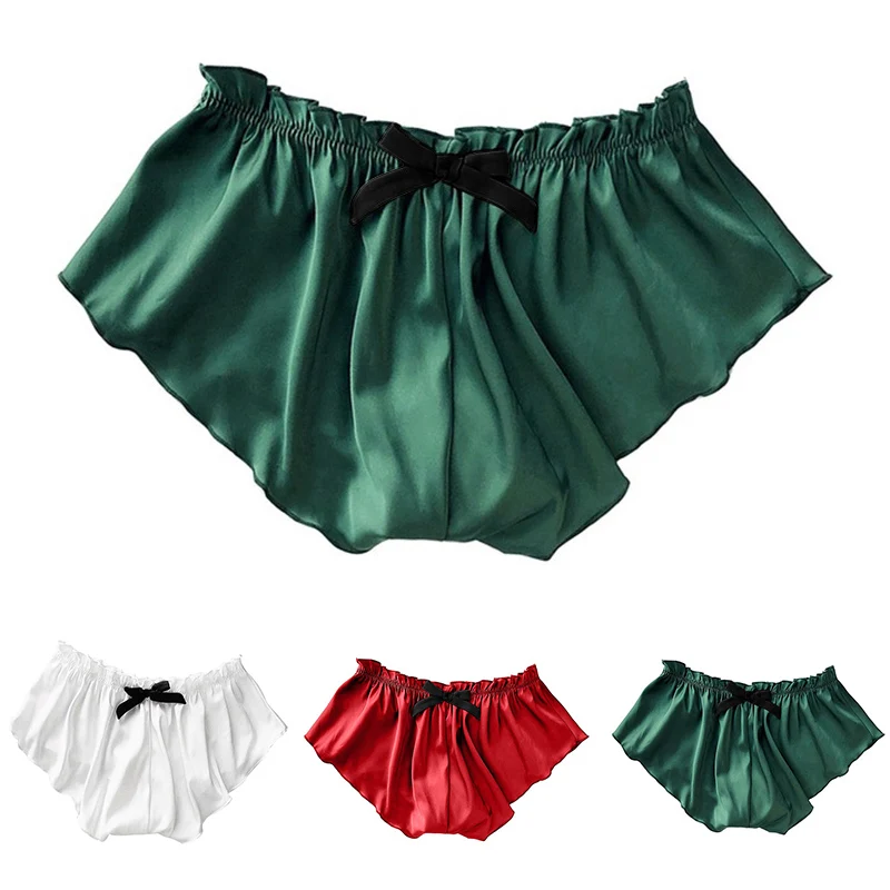 1pc Soft Satin Imitation Silk Sleeping Panties Women Sexy Comfortable Ruffle Elastic Waist Lingerie Briefs Slid Color Plus Size