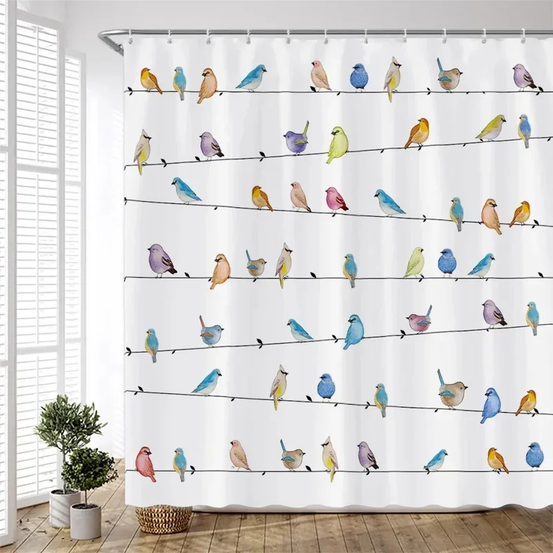 VIKAMA Nature Shower Curtain Watercolor Colorful Little Birds Pattern Waterproof Bath Curtain for Bathroom Decoration
